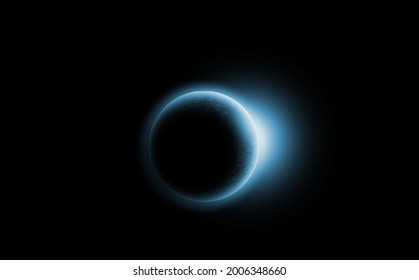 Blue Planet And Glowing Light In Dark Outer Space