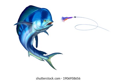 Blue plastic мahi mahi or dolphin fish attacks bait sea swim squids skirt. Realistic illustration of mahi-mahi or dolphin fish on white background isolate.