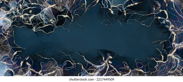 Blue Platinum Abstract Background With Glittering Golden Paths And Veins, Use For Gift Card Or Party Invitation, Pattern Made By Alcohol Ink, Hand Drawn Fluid Art