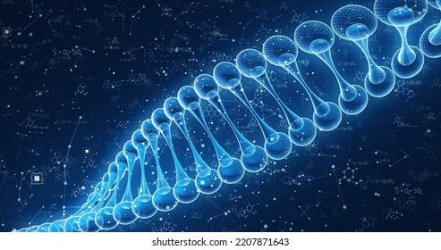 Blue Plexus DNA Molecule, Double Helix, Technology Human Genome. Medical Research, Genetic Engineering, Biology. Abstract Background, 3D Render Of DNA Molecule