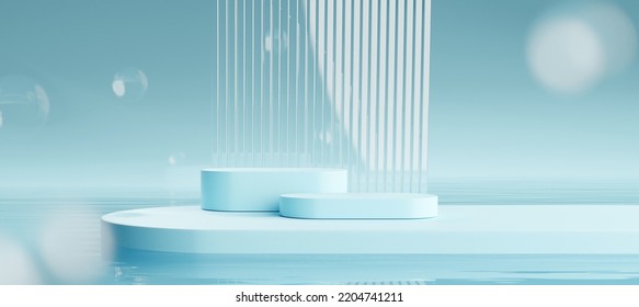 Blue podium  Cosmetic product display stand and water reflection background  3D rendering