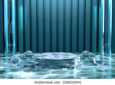 Blue Podium With Ice Texture And Abstract Art Objects. Stand To Show Products. Stage Showcase With Modern Scene. Pedestal Display With Copy Space. 3D Rendering. 