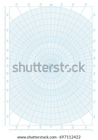 Blue polar coordinate circular grid graph paper, graduated every 1 degree, numbered every 10 degrees in both directions