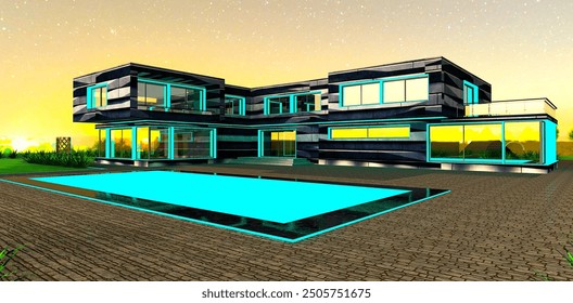 A blue pool with lighting creates a cozy and modern atmosphere in the courtyard of a luxurious high-tech estate early in the morning. 3D rendering.