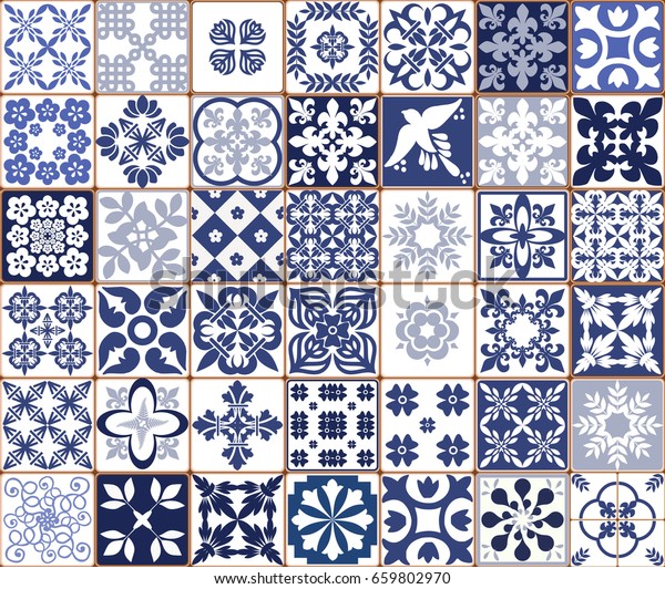 「ポルトガルの青いタイル柄 – アズレホス、ファッションインテリアデザインタイル」のイラスト素材 659802970