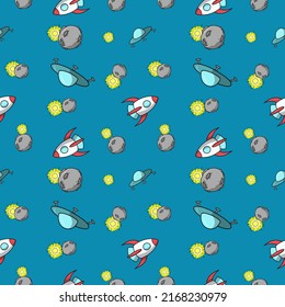 Blue Print, Space Rocket, Round Planets And Moon, Yellow Stars, Seamless Square Pattern On Dark Background