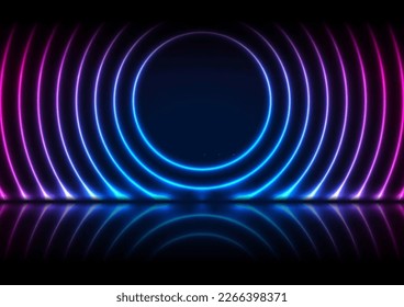 Blue and purple neon laser circles with reflection. Abstract technology background. Futuristic glowing vector design logo background circular visions