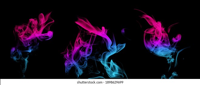 Blue and purple swirls of smoke on black background.