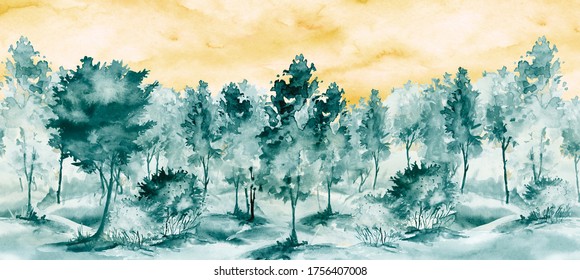 水彩画のイラスト 青い森 松 トウヒ 杉の絵 暗く 密林 郊外の風景 はがき ロゴ カード 霧がかった森 霞 のイラスト素材