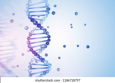 Blue Purple Vertical Dna Helix With Parts Of It Scattered Around Over Light Blue Background With Geometric Pattern. Biotech, Biology, Medicine And Science Concept. 3d Rendering Mock Up