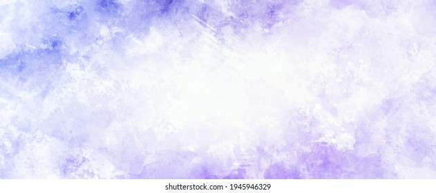 Blue Purple And White Background Of Watercolor Clouds Texture, Abstract Painted White Smoke Or Haze In Blotches And Blobs On Pastel Blue Purple Border