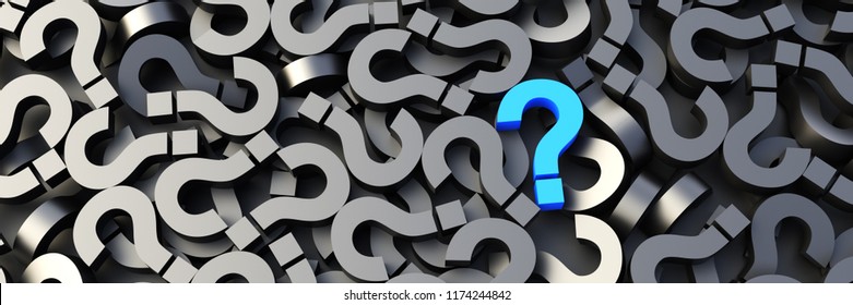Blue question mark on a background of black signs. 3D Rendering.