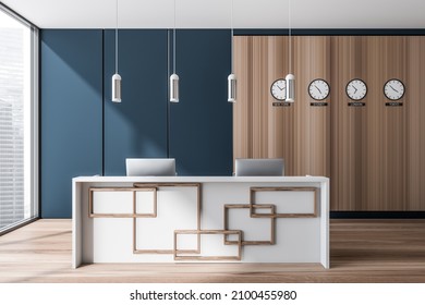 Blue reception room interior with two computers, clocks on wooden wall. Reception entrance with office desk, parquet floor and window on city view, 3D rendering
