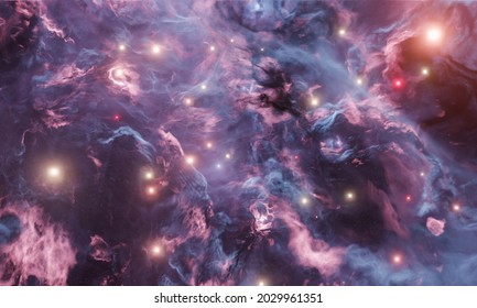 Blue And Red Abstract Nebula With Bright Stars And Gas Clouds. Concept Of Deep Space, Dark Matter And Science. 3d Rendering