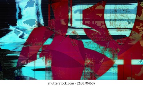 Blue Red Abstract Psychedelic Digital Cyberspace Code And Screen Crash. Concept 3D Illustration Banner Background As Data Breach Error Computer Crime And Gaming Overlay With Cryptography Hex Code HUD.