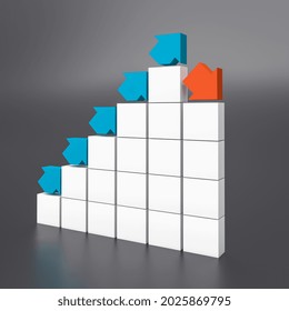 blue and red arrows on schematic block chart. business and finance concept. 3d render