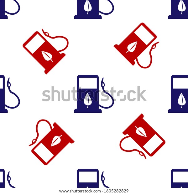 Blue and red Bio fuel concept with fueling\
nozzle and leaf icon isolated seamless pattern on white background.\
Gas station with leaves. Eco refueling. \
