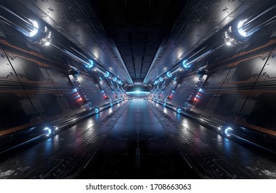 Blaues und rotes futuristisches Raumschiff-Interieur mit Fensterblick auf den Planeten Erde 3D-Rendering-Elemente dieses von der NASA eingerichteten Bildes