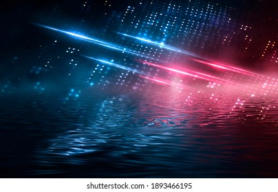 Blue And Red Neon. Night View Of A Dark Street, Glare Of Light, Rays. Neon Abstraction, Dark Background. 3D Illustration.