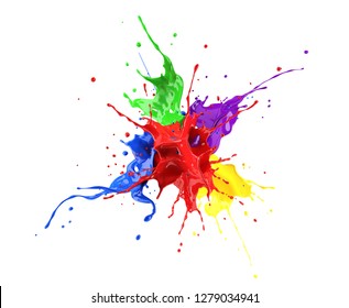 Blue, Red, Purple, Orange, Yellow Colors Paint Splashing Explosion In The Air. Isolated On White Background.