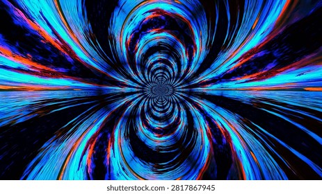Blue and red radial vortex abstract with mirrored curves and intense motion blur. The tunnel-like symmetry creates a strong sense of depth and speed for futuristic posters, album covers, web art, and energetic background use.