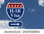  Blue and red road sign displaying H-1B visa with a directional arrow, set against a blue sky, symbolizing immigration and employment opportunities. 3D Illustration 