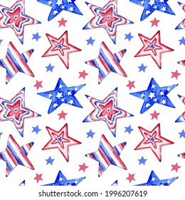 Blue And Red Stars With The American Flag On A White Background. Hand-drawn Seamless Watercolor Pattern. Patriotic Design For Independence Day In The USA On 4th Of July