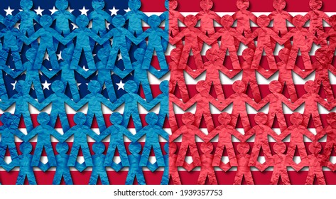 Blue And Red States Of America As American People Joining Together With Conservative Right Wing And Liberal Left Wing Population With A US Flag In A 3D Illustration Style.