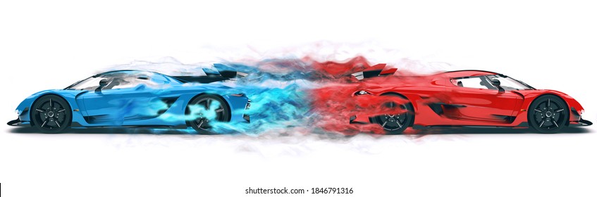 Blue and red supercars racing away from each other leaving a trail of red and blue dust - 3D Illustration