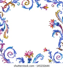blue red vintage floral frame, watercolor background