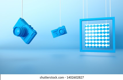 Blue Retro Camera On Blue Background With Wave Frame 3d Rendered Image Stylish Background Abstract Composition Still Life Clean Geometric Concept Design Idea Vacation Holidays Travel Accessories