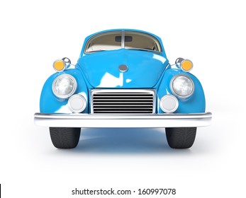 Blue Retro Car From Forties On A White Background. Front View