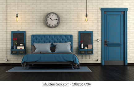 Blue Retro Master Bedroom With Classic Double Bad And Closed Old Door - 3d Rendering