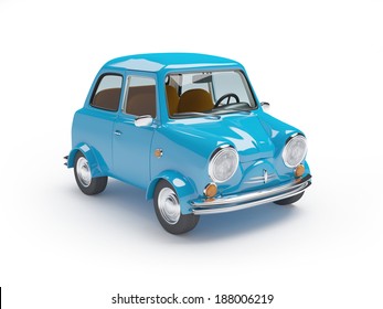 Blue Retro Mini Car On A White Background