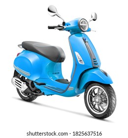 Blue Retro Vintage Scooter Isolated On White Background. Modern Personal Transport. Classic Motor E-Scooter Side View. Electric Motorcycle With Step Through Frame. 3D Rendering