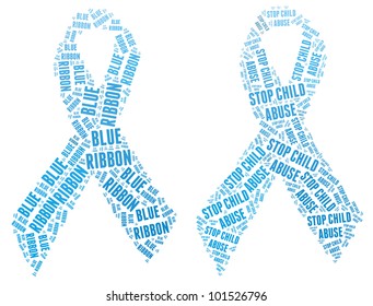 Blue ribbon campaign made from word illustrations isolated on white.