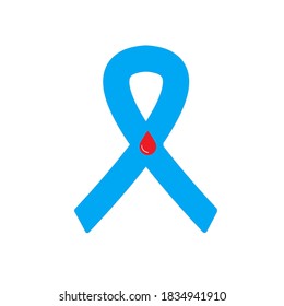 Blue Ribbon With A Drop Of Blood, Ribbon Diabetes Awareness. Modern Style Logo Illustration For November Month Awareness Campaigns. Medical Animation.