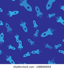 Blue Rocket Ship With Fire Icon Isolated Seamless Pattern On Blue Background. Space Travel