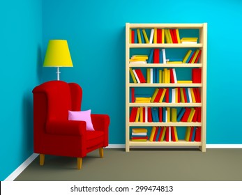blue room with armchair and bookcase in corner. 3d illustration