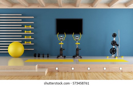 Blue Room With Spinning Bike, Ball And Hand Weight - 3d Rendering