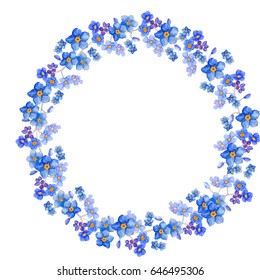 Blue round frame forget me not and bindweed spring flowers in bouquet . Decorative element for greeting card, textile, paper, wallpaper, craft, package, label, logo, wedding ,birthday , tag , text
