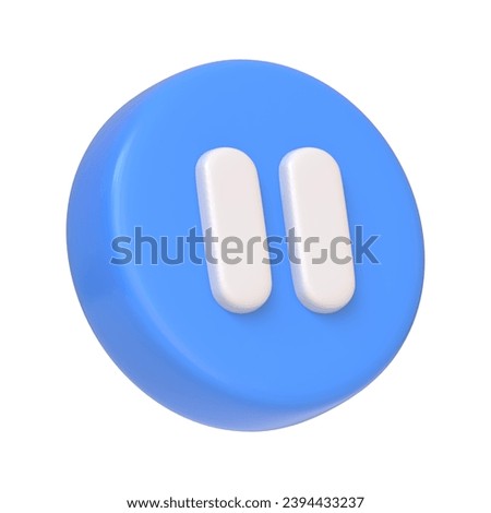 Blue round pause button isolated on white background. 3D icon, sign and symbol. Cartoon minimal style. 3D Render Illustration