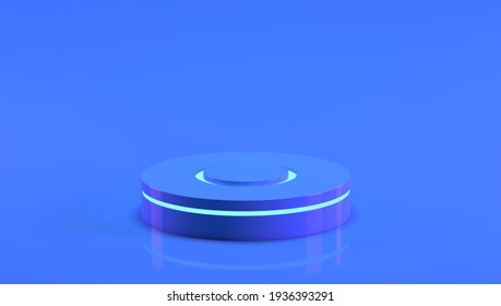 Blue Round Podium With Neon Lighting For Product Presentation. 3D Render.