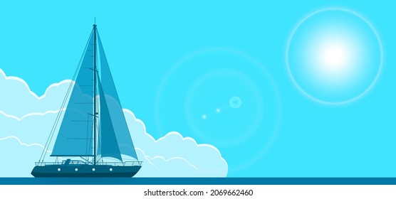 Blue Sailing Yacht Flyer Horizontal Illustration