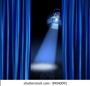 Blue Satin Curtains Reveal Stage Spotlight Lamp Beam