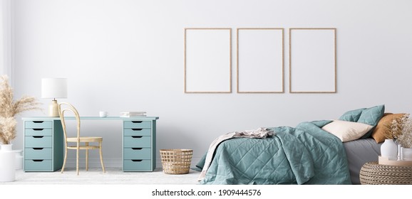 Blue Scandinavian Bedroom With Three Vertical Frames In Bright Design, Poster Mock Up On White Wall Background, 3d Render, 3d Illustration