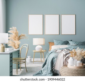 Blue Scandinavian Bedroom With Three Vertical Frames In Bright Design, Poster Mock Up On Boho Wall Background, 3d Render, 3d Illustration