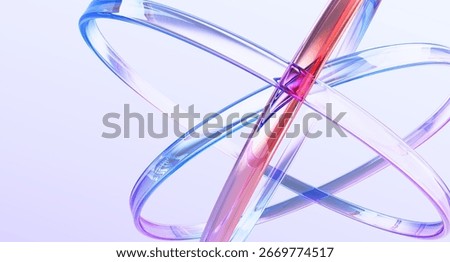 Blue science and tech 3d background with glass holographic transparent circle lines. Iridescent abstract structure of atom with purple red gradient for physics and chemistry design. 3D Illustration