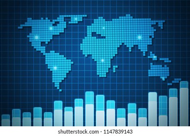 Blue Screen Digital World Map And Volump Chart On Grid Background,illustration.