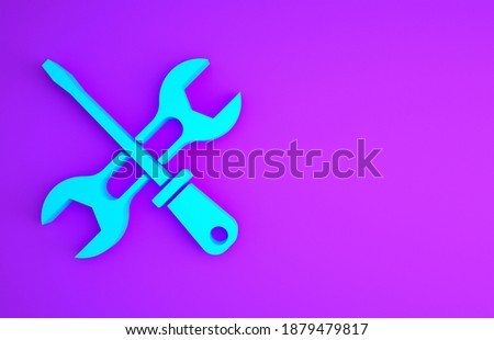 Blue Screwdriver and wrench spanner tools icon isolated on purple background. Service tool symbol. Minimalism concept. 3d illustration 3D render.